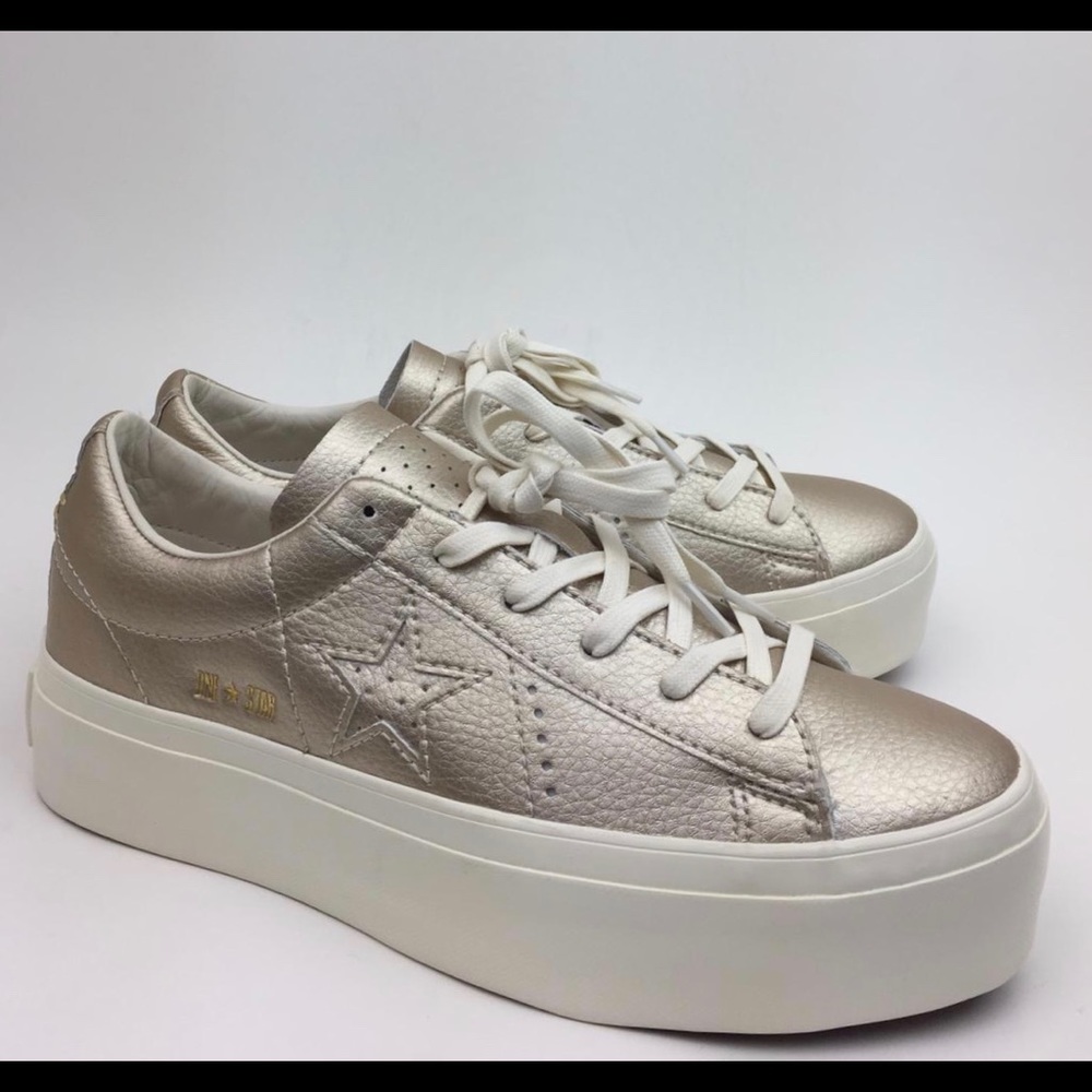 Converse Platform Sneakers in Metallic Champagne and White - Picture 4 of 8